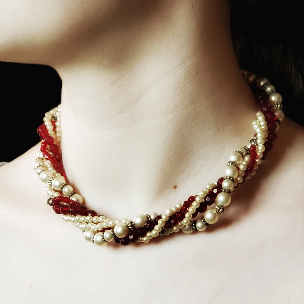 Multi-strand Pearl and Ruby bead fashion choker necklace